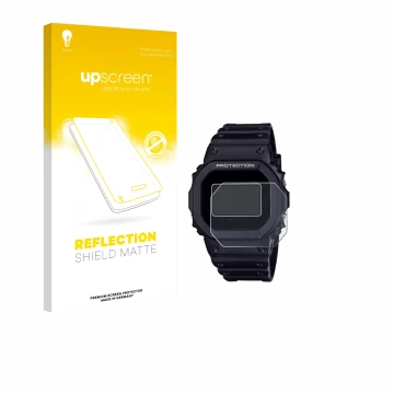 Vorderseite einer Produktverpackung mit dem Markenlogo upscreen. Daneben ist das Gerät Casio G-Shock DW-5600RL-1 mit dem zugeh