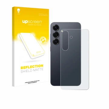 Vorderseite einer Produktverpackung mit dem Markenlogo upscreen. Daneben ist das Gerät Samsung Galaxy S25 (Rückseite) mit dem 