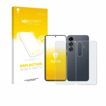 Vorderseite einer Produktverpackung mit dem Markenlogo upscreen. Daneben ist das Gerät Samsung Galaxy S25 (Display+Rückseite) 