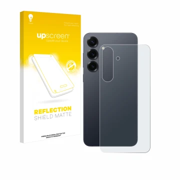 Vorderseite einer Produktverpackung mit dem Markenlogo upscreen. Daneben ist das Gerät Samsung Galaxy S25 Plus (Rückseite) mit