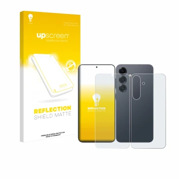 Vorderseite einer Produktverpackung mit dem Markenlogo upscreen. Daneben ist das Gerät Samsung Galaxy S25 Plus (Display+Rückse