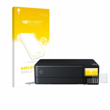 Vorderseite einer Produktverpackung mit dem Markenlogo upscreen. Daneben ist das Gerät Epson EcoTank ET-8550 mit dem zugehörig