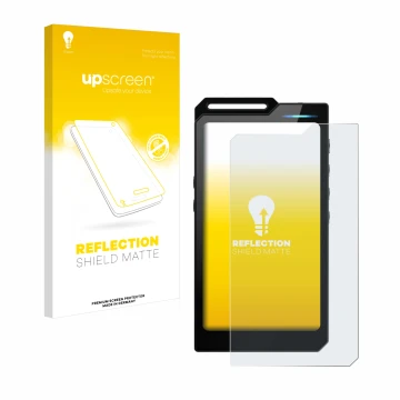 Vorderseite einer Produktverpackung mit dem Markenlogo upscreen. Daneben ist das Gerät Hiby R4 mit dem zugehörigen Displayschu