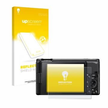 Vorderseite einer Produktverpackung mit dem Markenlogo upscreen. Daneben ist das Gerät Sony ZV-1A mit dem zugehörigen Displays