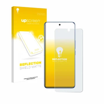 Vorderseite einer Produktverpackung mit dem Markenlogo upscreen. Daneben ist das Gerät Vivo V50 mit dem zugehörigen Displaysch