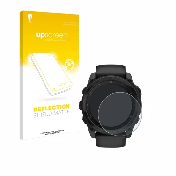 Vorderseite einer Produktverpackung mit dem Markenlogo upscreen. Daneben ist das Gerät Garmin Tactix 8 AMOLED (51 mm) mit dem 