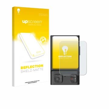 Vorderseite einer Produktverpackung mit dem Markenlogo upscreen. Daneben ist das Gerät Hoverair Beacon mit dem zugehörigen Dis