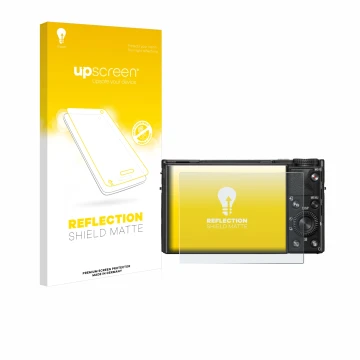 Vorderseite einer Produktverpackung mit dem Markenlogo upscreen. Daneben ist das Gerät Sony Cyber-Shot DSC-RX100 VIIA mit dem 