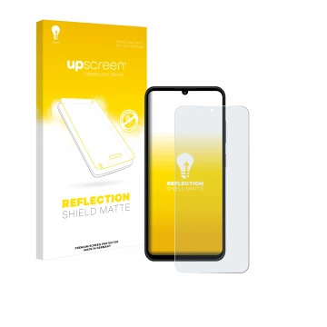 Vorderseite einer Produktverpackung mit dem Markenlogo upscreen. Daneben ist das Gerät ZTE Blade A55 mit dem zugehörigen Displ