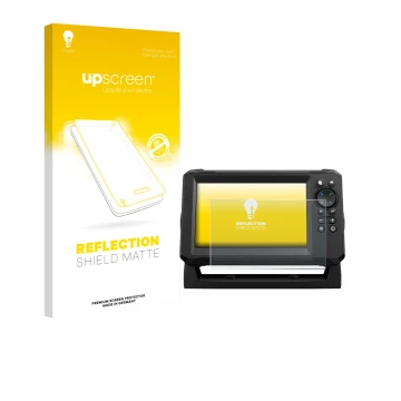 Vorderseite einer Produktverpackung mit dem Markenlogo upscreen. Daneben ist das Gerät Lowrance Eagle 7 mit dem zugehörigen Di