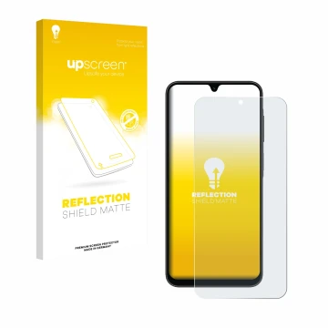 Vorderseite einer Produktverpackung mit dem Markenlogo upscreen. Daneben ist das Gerät Samsung Galaxy A26 5G mit dem zugehörig