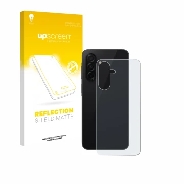 Vorderseite einer Produktverpackung mit dem Markenlogo upscreen. Daneben ist das Gerät Samsung Galaxy A26 5G (Rückseite) mit d