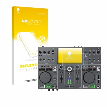 Vorderseite einer Produktverpackung mit dem Markenlogo upscreen. Daneben ist das Gerät Denon DJ Prime Go+ mit dem zugehörigen 