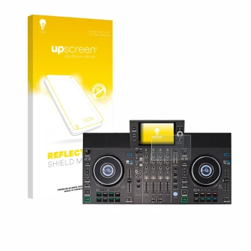 Vorderseite einer Produktverpackung mit dem Markenlogo upscreen. Daneben ist das Gerät Denon DJ SC LIVE 4 (Jog) mit dem zugehö