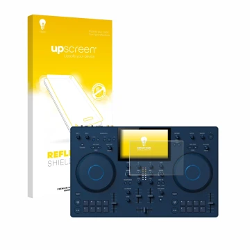Vorderseite einer Produktverpackung mit dem Markenlogo upscreen. Daneben ist das Gerät AlphaTheta OMNIS-Duo (Jog) mit dem zuge