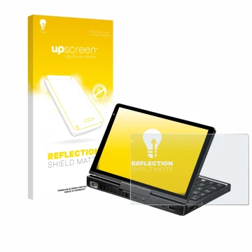 Vorderseite einer Produktverpackung mit dem Markenlogo upscreen. Daneben ist das Gerät GPD Pocket 4 mit dem zugehörigen Displa
