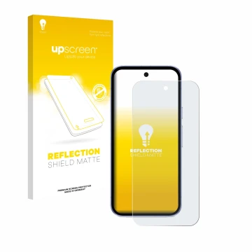 Vorderseite einer Produktverpackung mit dem Markenlogo upscreen. Daneben ist das Gerät Google Pixel 9a mit dem zugehörigen Dis