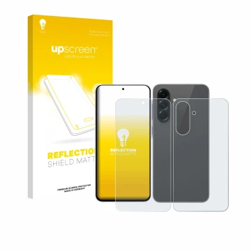 Vorderseite einer Produktverpackung mit dem Markenlogo upscreen. Daneben ist das Gerät Samsung Galaxy A56 5G Enterprise Editio