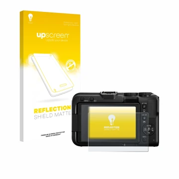 Vorderseite einer Produktverpackung mit dem Markenlogo upscreen. Daneben ist das Gerät Canon EOS R50 V mit dem zugehörigen Dis