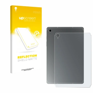 Vorderseite einer Produktverpackung mit dem Markenlogo upscreen. Daneben ist das Gerät Samsung Galaxy Tab S10 FE (Rückseite) m