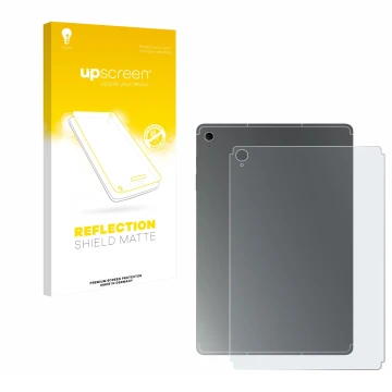 Vorderseite einer Produktverpackung mit dem Markenlogo upscreen. Daneben ist das Gerät Samsung Galaxy Tab S10 FE+ (Rückseite) 