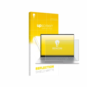 Vorderseite einer Produktverpackung mit dem Markenlogo upscreen. Daneben ist das Gerät ASUS Vivobook S16 S3607 mit dem zugehör