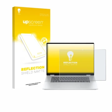 Vorderseite einer Produktverpackung mit dem Markenlogo upscreen. Daneben ist das Gerät HP OmniBook X Flip 16-aX mit dem zugehö