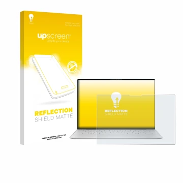 Vorderseite einer Produktverpackung mit dem Markenlogo upscreen. Daneben ist das Gerät Dell XPS 13 9350 2024 mit dem zugehörig