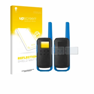 Vorderseite einer Produktverpackung mit dem Markenlogo upscreen. Daneben ist das Gerät Motorola TALKABOUT T62 mit dem zugehöri