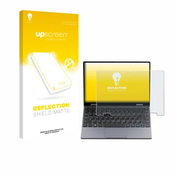 Vorderseite einer Produktverpackung mit dem Markenlogo upscreen. Daneben ist das Gerät Chuwi MiniBook X N150 mit dem zugehörig
