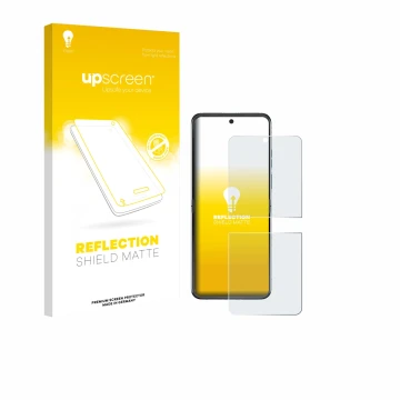 Vorderseite einer Produktverpackung mit dem Markenlogo upscreen. Daneben ist das Gerät Motorola Razr 60 mit dem zugehörigen Di