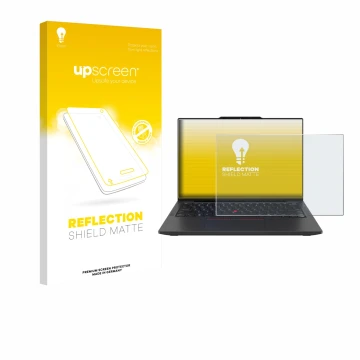 Vorderseite einer Produktverpackung mit dem Markenlogo upscreen. Daneben ist das Gerät Lenovo ThinkPad X13 Gen 6 mit dem zugeh