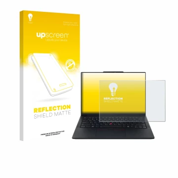 Vorderseite einer Produktverpackung mit dem Markenlogo upscreen. Daneben ist das Gerät Lenovo ThinkPad E14 Gen 7 mit dem zugeh