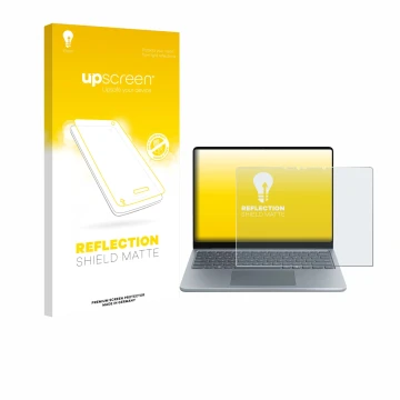 Vorderseite einer Produktverpackung mit dem Markenlogo upscreen. Daneben ist das Gerät Microsoft Surface Laptop 13