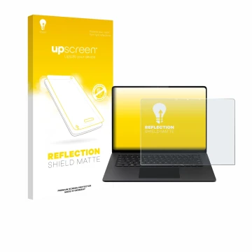 Vorderseite einer Produktverpackung mit dem Markenlogo upscreen. Daneben ist das Gerät Microsoft Surface Laptop 15