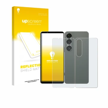 Vorderseite einer Produktverpackung mit dem Markenlogo upscreen. Daneben ist das Gerät Sony Xperia 1 VII (Display+Rückseite) m