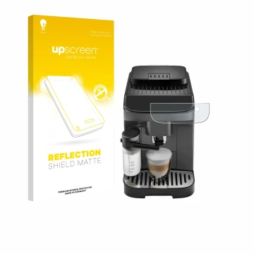 Vorderseite einer Produktverpackung mit dem Markenlogo upscreen. Daneben ist das Gerät DeLonghi Magnifica Evo mit dem zugehöri