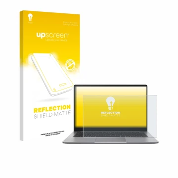 Vorderseite einer Produktverpackung mit dem Markenlogo upscreen. Daneben ist das Gerät ASUS ExpertBook P1 P1403 mit dem zugehö