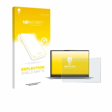 Vorderseite einer Produktverpackung mit dem Markenlogo upscreen. Daneben ist das Gerät Lenovo ThinkBook 14 Gen 4+ mit dem zuge