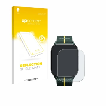 Vorderseite einer Produktverpackung mit dem Markenlogo upscreen. Daneben ist das Gerät Motorola Moto watch fit mit dem zugehör