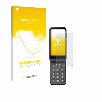 Vorderseite einer Produktverpackung mit dem Markenlogo upscreen. Daneben ist das Gerät Doro Aurora A20 mit dem zugehörigen Dis