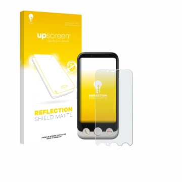 Vorderseite einer Produktverpackung mit dem Markenlogo upscreen. Daneben ist das Gerät Doro Aurora A10 mit dem zugehörigen Dis