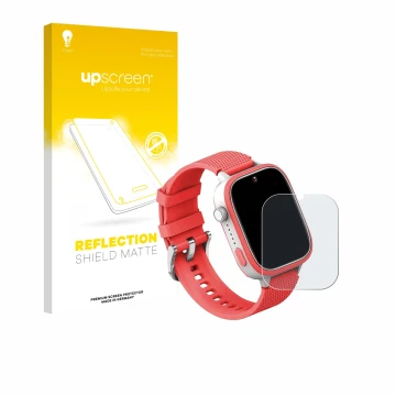 Vorderseite einer Produktverpackung mit dem Markenlogo upscreen. Daneben ist das Gerät AngelTech Kids Smartwatch Ultra 1.83