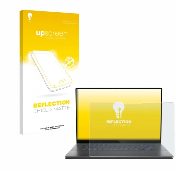 Vorderseite einer Produktverpackung mit dem Markenlogo upscreen. Daneben ist das Gerät ASUS ROG Zephyrus G16 2025 mit dem zuge