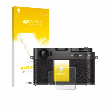 Vorderseite einer Produktverpackung mit dem Markenlogo upscreen. Daneben ist das Gerät Fujifilm X Half X-HF1 mit dem zugehörig