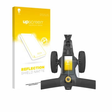 Vorderseite einer Produktverpackung mit dem Markenlogo upscreen. Daneben ist das Gerät PowaKaddy CT10 mit dem zugehörigen Disp