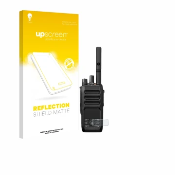Vorderseite einer Produktverpackung mit dem Markenlogo upscreen. Daneben ist das Gerät Motorola MOTOTRBO R5 mit dem zugehörige