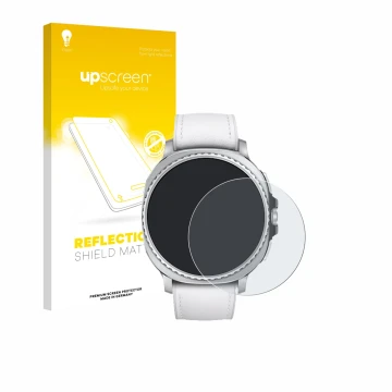 Vorderseite einer Produktverpackung mit dem Markenlogo upscreen. Daneben ist das Gerät Samsung Galaxy Watch 8 Classic (46 mm) 