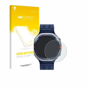 Vorderseite einer Produktverpackung mit dem Markenlogo upscreen. Daneben ist das Gerät Samsung Galaxy Watch Ultra 2 (47 mm) mi