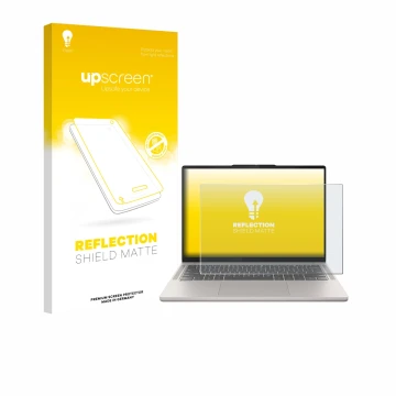 Vorderseite einer Produktverpackung mit dem Markenlogo upscreen. Daneben ist das Gerät Lenovo Chromebook Plus 14 mit dem zugeh